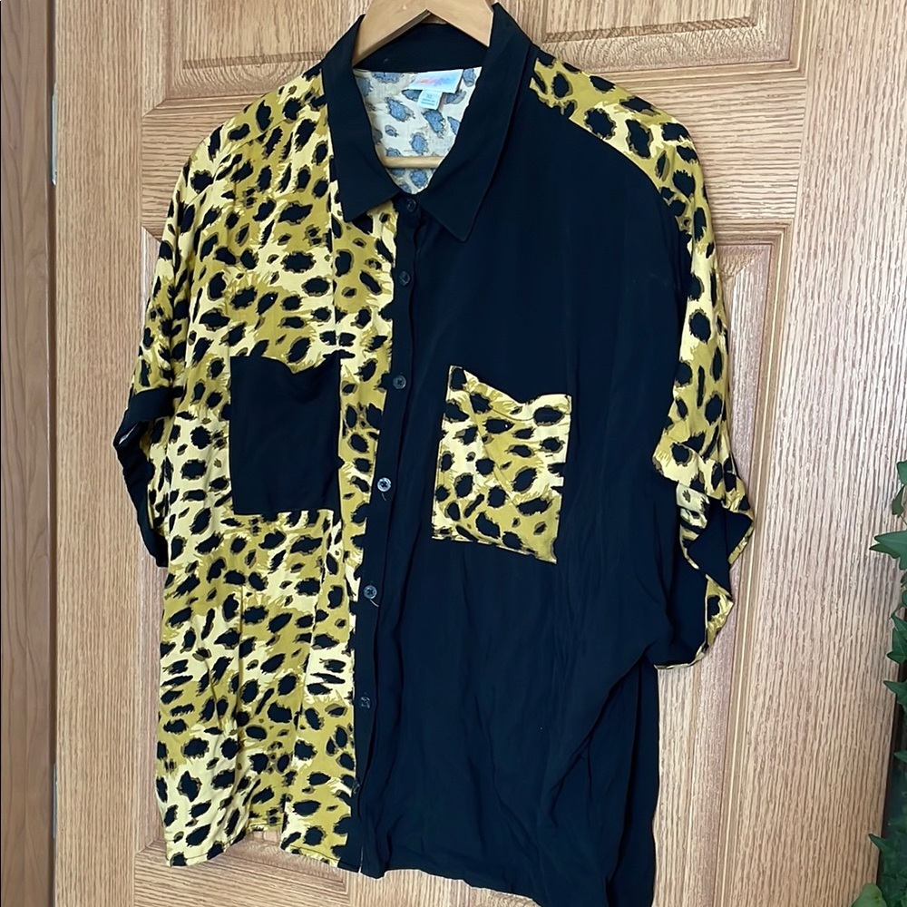 LuLaRoe Black and Gold Leopard Print Button Down Shirt
